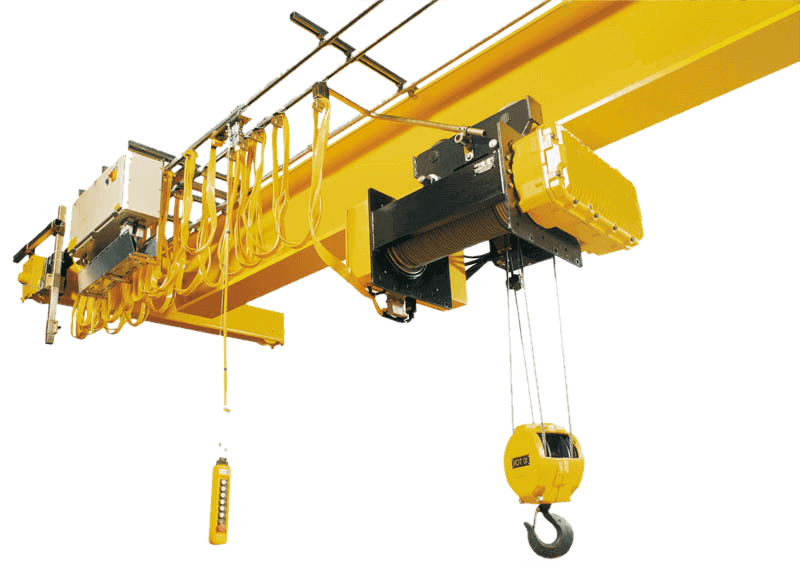 Yellow overhead bridge crane with hoist and trolley